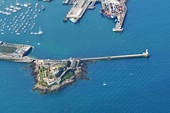 Guernsey, St Peter Port harbour and Castle Cornet  seen from the plane